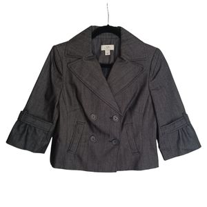 ANN TAYLOR LOFT Dark Black Faux Denim Double Breasted Cropped Pea Coat Jacket 2